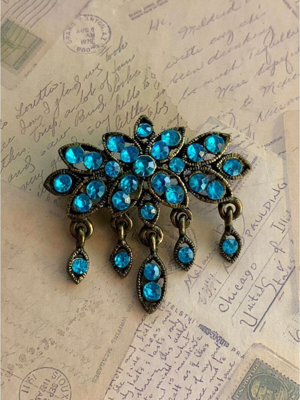 Vintage Renaissance Reviva Victorian Gothic Turquoise Rhinestone Filigree Brooch